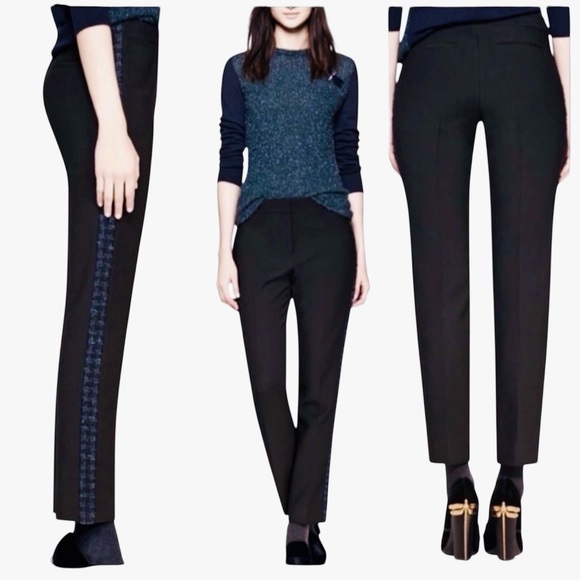 TORY BURCH Tobie Black Trousers Straight Leg Pants Blue Wool Tweed Side Stripe - Picture 1 of 16